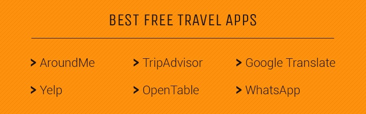 free travel apps include AroundMe, TripAdvisor, Google Translate, WhatsApp, Yelp, and OpenTable