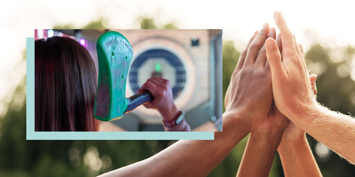 group of hands and image of axe throwing for team building