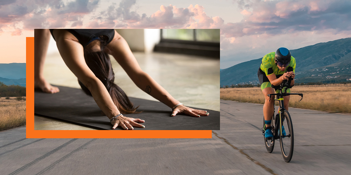 woman performing yoga pose and man riding bike on paved road